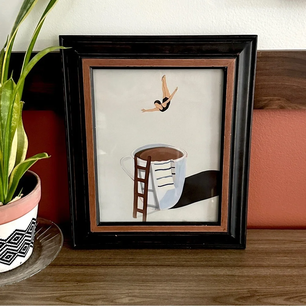 Coffee Diver Canvas Art Print Black Wood Framed Wall Art Coffee Mug Swimmer Art
